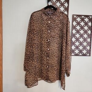 Lane Bryant Sheer Animal Print Top Size 14/16 1X Button Up Long Sleeve Classic